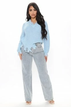 Fashion Nova Always Distressing Me Out Sweater - Light Blue Pullovers