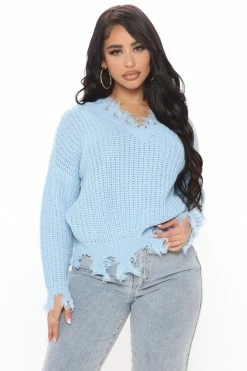 Fashion Nova Always Distressing Me Out Sweater - Light Blue Pullovers