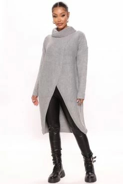 Fashion Nova Pullovers By My Side Turtle Neck Sweater - Heather Grey