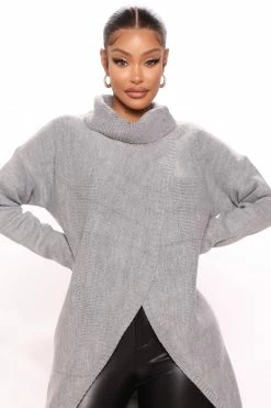 Fashion Nova Pullovers By My Side Turtle Neck Sweater - Heather Grey