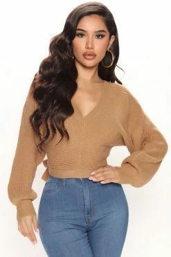 Fashion Nova Double Fun Tie Back Sweater Top - Camel