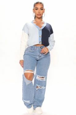 Fashion Nova Block Him Colorblock Cardigan - Blue/combo Cardigans