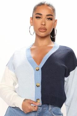 Fashion Nova Block Him Colorblock Cardigan - Blue/combo Cardigans
