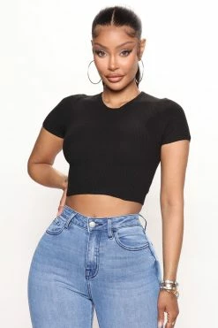 Fashion Nova Curiosity Lace Up Short Sleeve Sweater - Black Pullovers