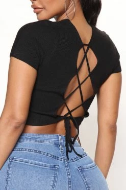 Fashion Nova Curiosity Lace Up Short Sleeve Sweater - Black Pullovers
