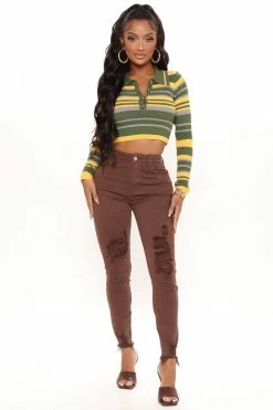 Fashion Nova Close To You Striped Sweater - Olive/combo