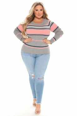 Fashion Nova Stripes For Days Sweater - Heather Grey Pullovers