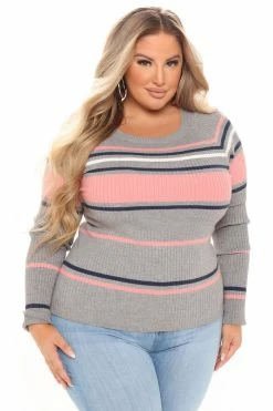 Fashion Nova Stripes For Days Sweater - Heather Grey Pullovers