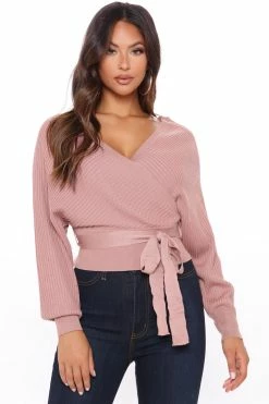 Fashion Nova Pullovers Warmest Occasion Wrap Sweater - Mauve