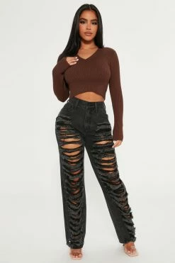 Fashion Nova Sheila Ribbed Crop Sweater - Chocolate Pullovers