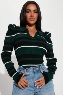 Fashion Nova Central Park Striped Puff Sleeve Sweater - Green/combo Pullovers