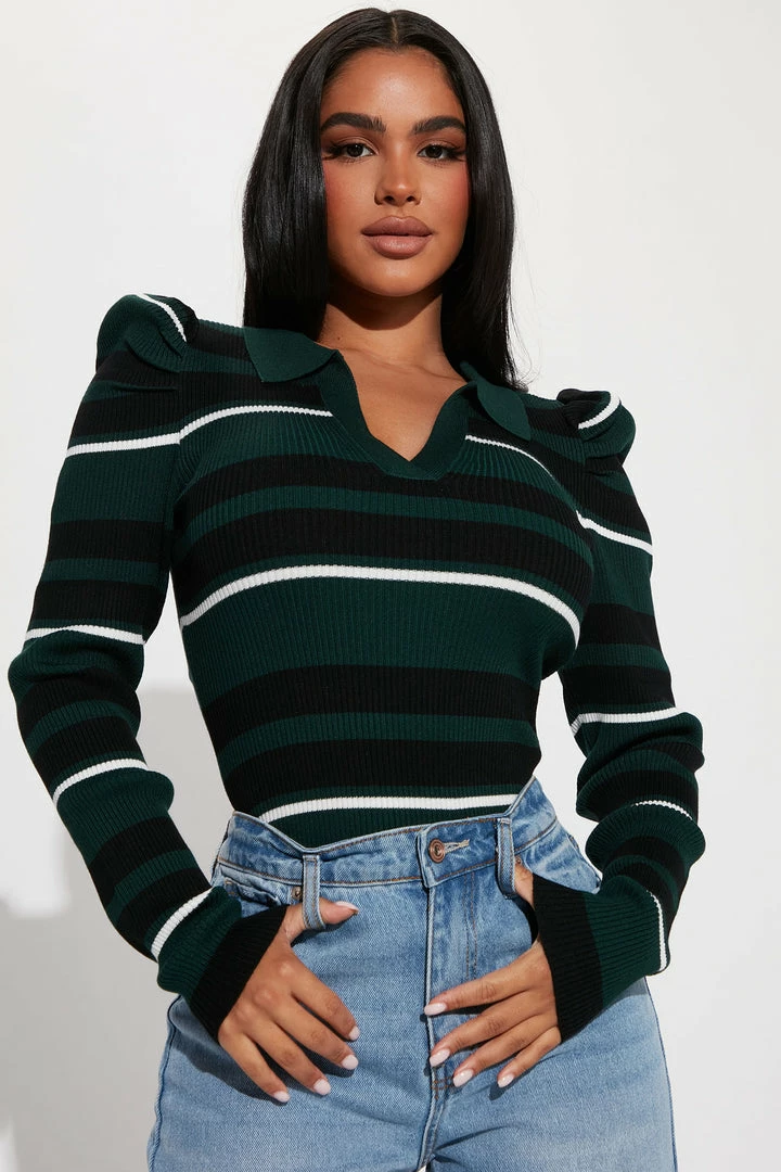 Coupon 🥰 Fashion Nova Central Park Striped Puff Sleeve Sweater - Green/combo Pullovers 🎉 1 Fashion Nova Central Park Striped Puff Sleeve Sweater - Green/combo Pullovers