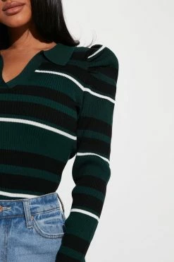 Fashion Nova Central Park Striped Puff Sleeve Sweater - Green/combo Pullovers