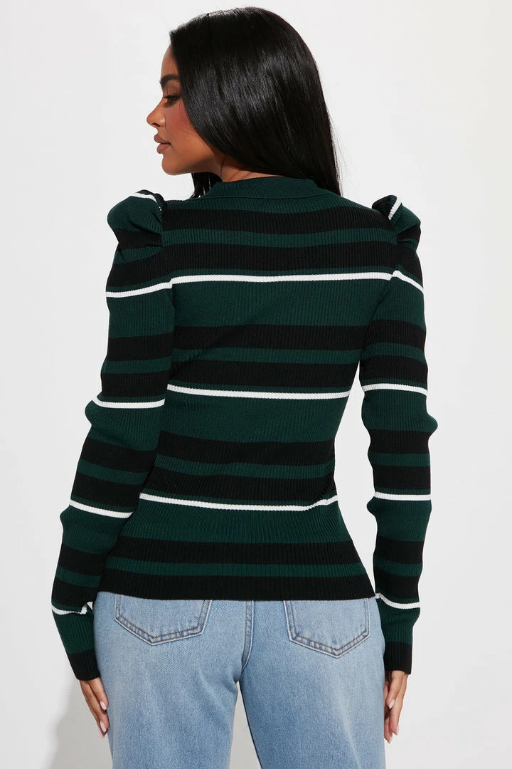 Coupon 🥰 Fashion Nova Central Park Striped Puff Sleeve Sweater - Green/combo Pullovers 🎉 4 Fashion Nova Central Park Striped Puff Sleeve Sweater - Green/combo Pullovers
