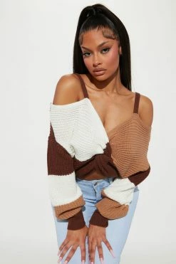 Fashion Nova Fall Fave Striped Twist Sweater - Taupe/combo