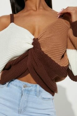 Fashion Nova Fall Fave Striped Twist Sweater - Taupe/combo