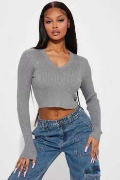 Fashion Nova Sheila Ribbed Crop Sweater - Heather Grey