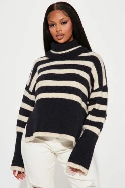 Fashion Nova Tres Chic Striped Turtleneck Sweater - Navy/combo Pullovers