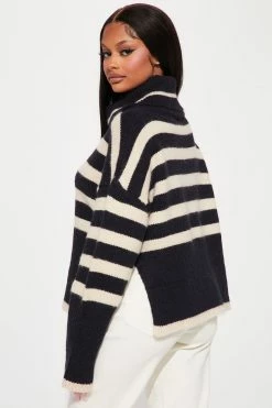 Fashion Nova Tres Chic Striped Turtleneck Sweater - Navy/combo Pullovers