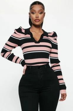 Fashion Nova Pullovers Central Park Striped Puff Sleeve Sweater - Black/combo
