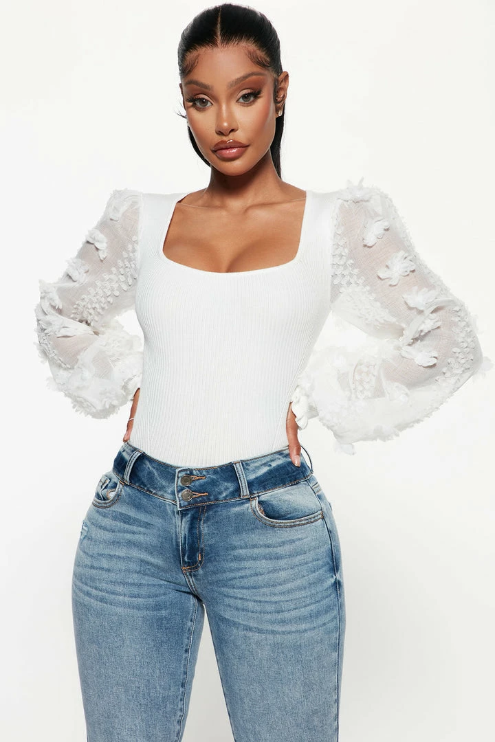 Fashion Nova Flirty Flowers Puff Sleeve Pullover - Ivory Pullovers
