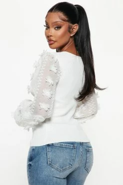 Fashion Nova Flirty Flowers Puff Sleeve Pullover - Ivory Pullovers