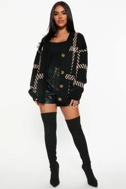 Fashion Nova Cardigans Book Smart Boyfriend Cardigan - Black/combo