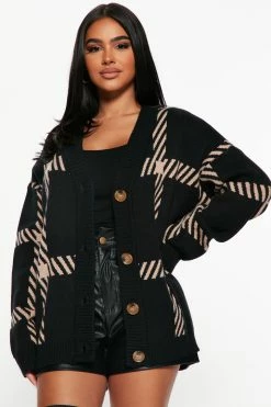 Fashion Nova Cardigans Book Smart Boyfriend Cardigan - Black/combo