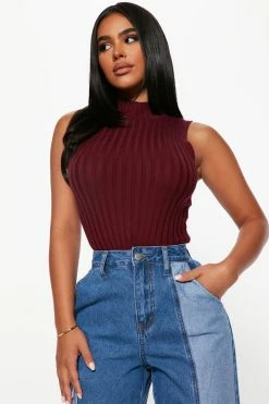Fashion Nova Debby Ribbed Mock Neck Sweater Tank - Burgundy