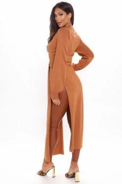 Fashion Nova Slit Just Got Real Tunic Sweater - Cognac