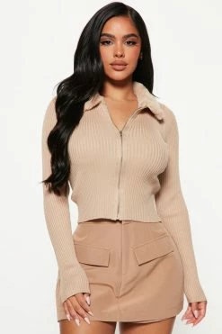 Fashion Nova Clear My Mind Zip Up Cardigan - Camel