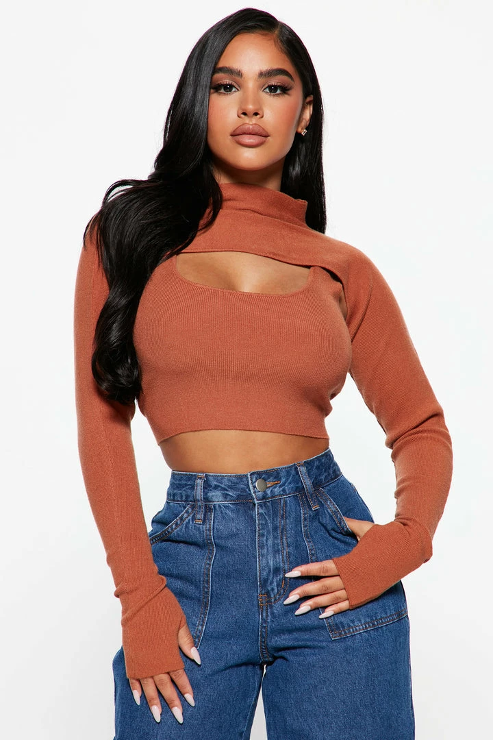 Fashion Nova Feeling Fine Mock Neck Sweater Set - Cognac Pullovers