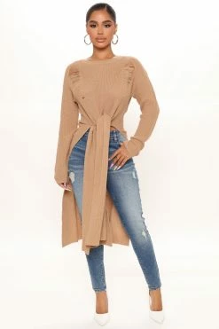Fashion Nova Pullovers Kara Tie Front Sweater - Tan