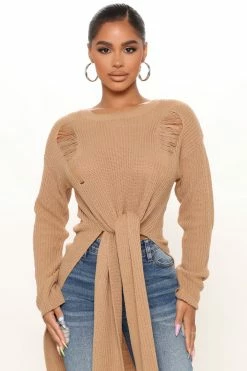 Fashion Nova Pullovers Kara Tie Front Sweater - Tan