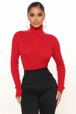 Fashion Nova Pullovers Taylor Crop Turtleneck Sweater - Red
