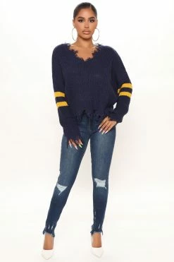 Fashion Nova Keeping You Close Distressed Sweater - Navy