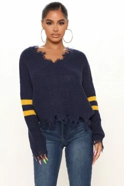 Fashion Nova Keeping You Close Distressed Sweater - Navy