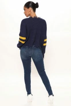 Fashion Nova Keeping You Close Distressed Sweater - Navy