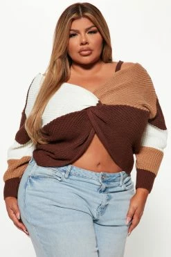 Fashion Nova Fall Fave Striped Twist Sweater - Taupe/combo