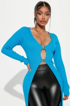 Fashion Nova Cardigans Hot Stuff Duster Cardigan - Blue