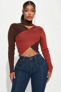 Fashion Nova Pullovers Don't Cross Me Mock Neck Sweater - Brown/combo