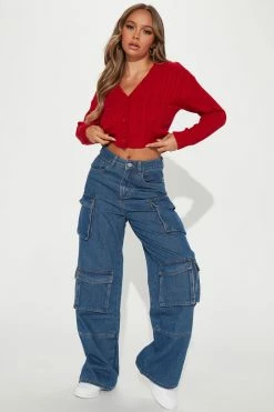 Fashion Nova Frankie Cable Knit Cardigan Sweater - Red Cardigans