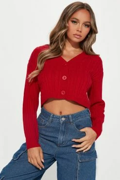 Fashion Nova Frankie Cable Knit Cardigan Sweater - Red Cardigans