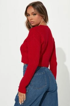 Fashion Nova Frankie Cable Knit Cardigan Sweater - Red Cardigans