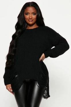 Fashion Nova Rowdy Girl Shredded Sweater - Black