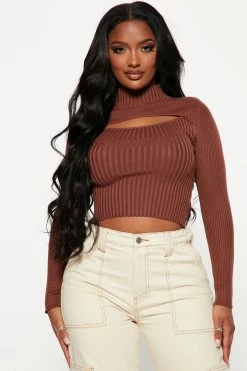 Fashion Nova Anabella Cut Out Turtleneck Sweater - Brown Pullovers