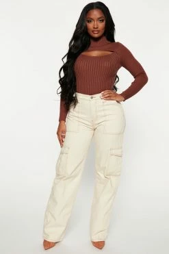 Fashion Nova Anabella Cut Out Turtleneck Sweater - Brown Pullovers