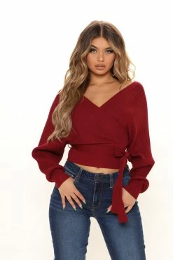 Fashion Nova Pullovers Warmest Occasion Wrap Sweater - Burgundy