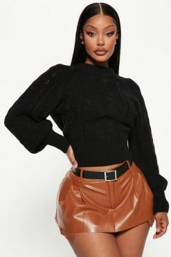Fashion Nova Melissa Cable Knit Cropped Sweater - Black Pullovers