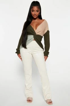 Fashion Nova Pullovers Got It Twisted Double V Sweater - Olive/combo
